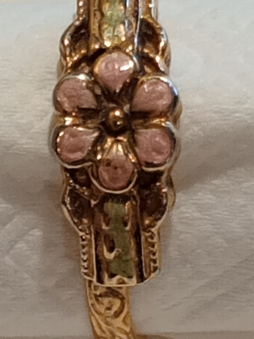 Ring Gold Floral Enamel Cluster Ring Victorian Style with Pink Petal Accents
